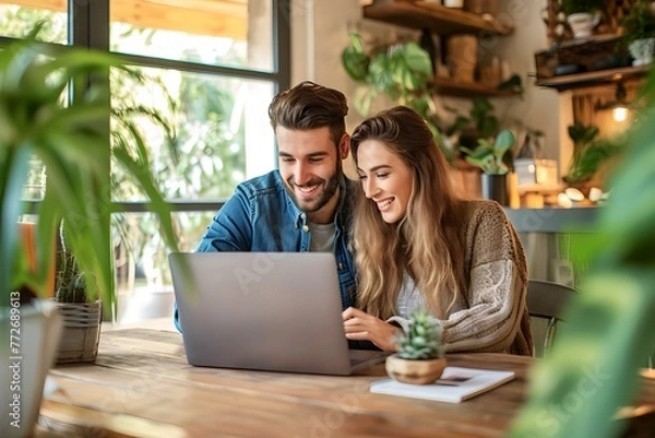 Fototapeta caucasian young couple is playing on a laptop