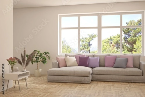 Fototapeta White living room with sofa and summer landscape in window. Scandinavian interior design. 3D illustration