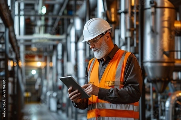 Fototapeta Caucasian male engineer is checking data on tablet phone at industrial site