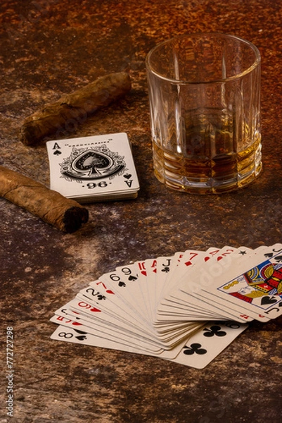 Obraz poker with tobacco cigarette  and whiskey