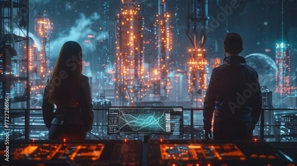 Fototapeta Futuristic Technology Team of Engineers and Professionals Workers in Industry Manufacturing Factory that is Digitalized with Graphics into Connected Automated Machinery. High-Tech Industry