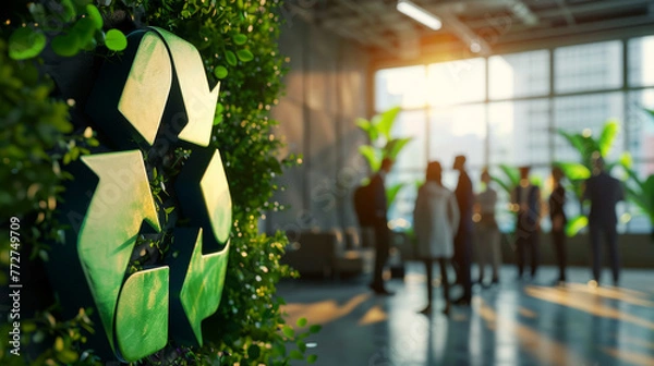 Fototapeta Green recycle symbol icon sign with professional environment background to represent recycling or sorting of waste at office and for working people