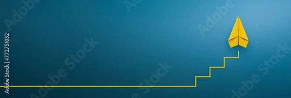 Obraz Ladder of success in business growth concept with yellow paper plane floating as step stair, copy space