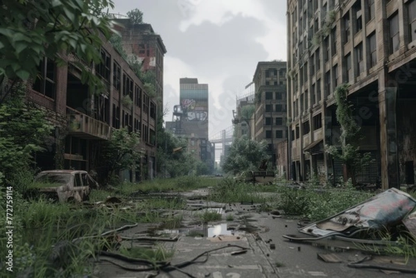 Obraz A post-apocalyptic cityscape devoid of life, with crumbling buildings, overgrown vegetation, and the remnants of civilization scattered throughout the desolate landscape, Generative AI