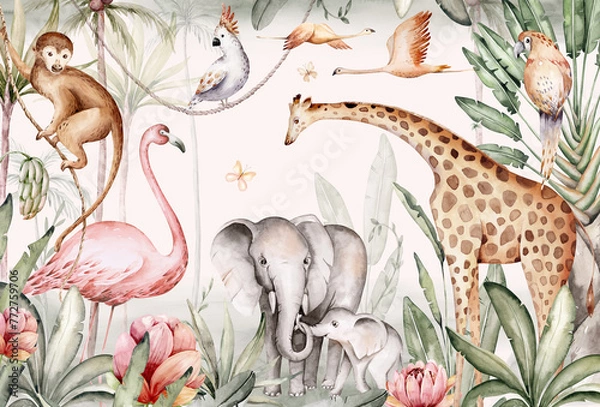 Obraz Watercolor illustration of African Animals: elephant and monkey, cockatoo, wild parrot and giraffe, flamingo isolated white background. Safari savannah animals.