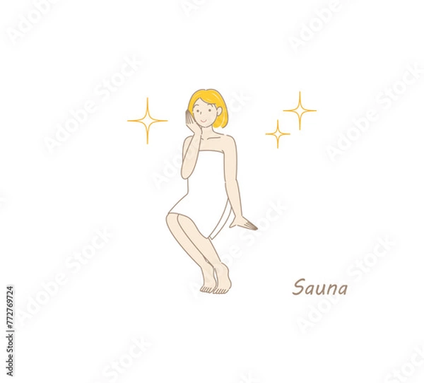 Fototapeta サウナで身も心もリフレッシュしてキラキラと輝いているサウナ好きの可愛い女性 ととのう サウナ女子 シンプル イラスト ベクター