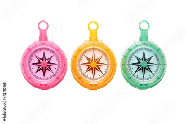 Fototapeta Trio of Vibrant Compasses on White Canvas. On a Clear PNG or White Background.