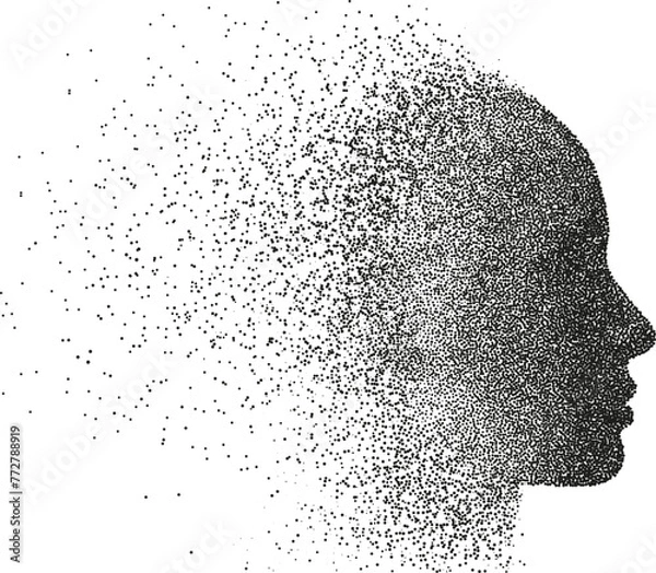 Fototapeta Vector particle face silhouette. Female profile illustration disintegrating into stipple particle effect. Girl's face in cyberspace, disintegrating into humanoid silhouette.