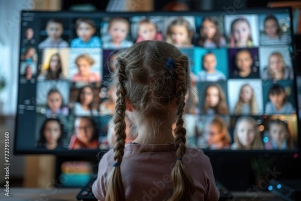 Fototapeta Young Girl Watching an Array of Faces on a Large Screen