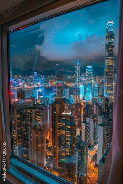 Obraz A captivating window view of a bustling metropolis skyline, with towering skyscrapers, neon lights, and the bustling activity of city life unfolding far below, Generative AI