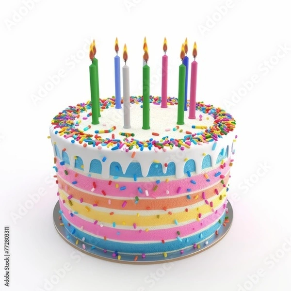 Fototapeta 3D Render of a colorful birthday cake with candles, on isolated white background, Generative AI