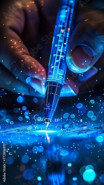 Obraz Futuristic pen, signing digital documents, blue light, eyelevel perspective , clean sharp focus