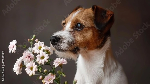Fototapeta Jack Russell Terrier Admiring Spring Blooms in Floral Bliss - Generative AI