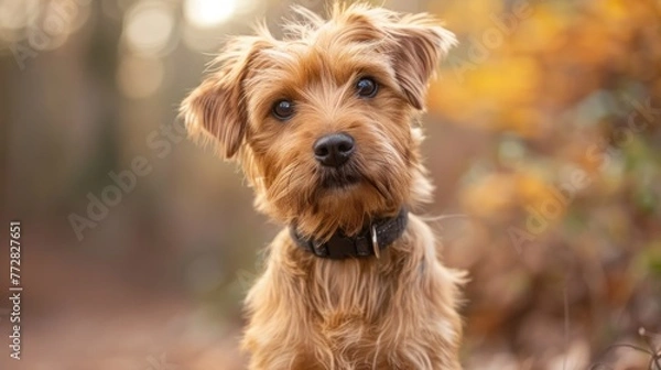 Fototapeta Norfolk Terrier Enjoying a Golden Autumn Stroll - A Moment with Nature Generative AI.