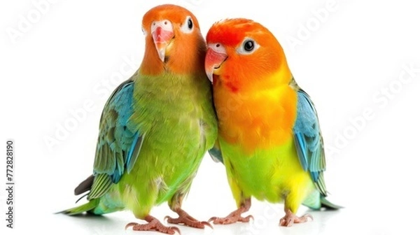 Fototapeta Two Vibrant Lovebirds Sharing a Perch in Perfect Harmony Generative AI