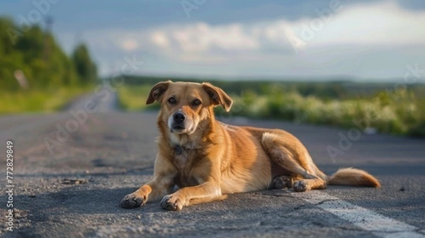 Fototapeta Lonely Stray Dog Waits Patiently on a Roadside in Summer Solace Generative AI.