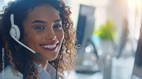 Obraz smiling call center operator wearing headset in front of computer