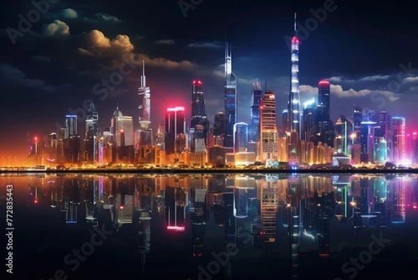 Fototapeta Skyscrapers illuminated by countless lights, Stunning night view of night City's skyline, and the iconic Building standing tall Photography, Ai generated