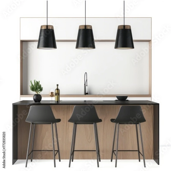 Fototapeta 3D Render of a sleek and modern kitchen island with minimalist bar stools, on isolated white background, Generative AI