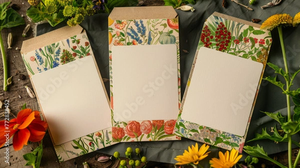 Fototapeta Spark joy in gardeners with a range of blank label seed packet envelope mockups, ideal for showcasing heirloom varieties and vibrant illustrations