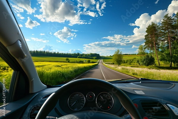 Fototapeta A clear and verdant rural road scenery, seen from the front inside a car, with not a single car in sight. Driver point of view. Scenic drive, travel route. Generative AI