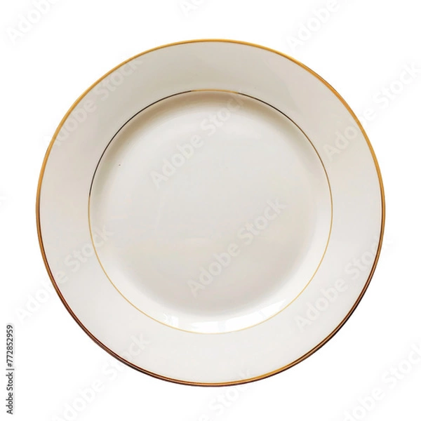 Fototapeta White plate with two gold lines , round smooth plate , white shiny plate with golden lines