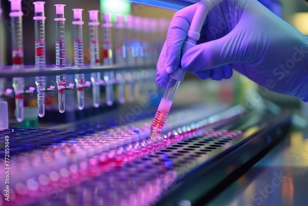 Fototapeta Scientist hand holding test tube with blood sample for analysis in laboratory