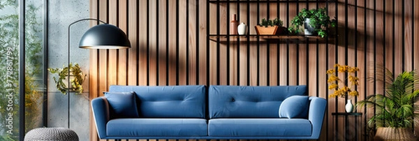 Fototapeta Chic Living Space: A Modern Interior Embellished with a Plush Sofa and Elegant Decor, Crafting a Cozy Atmosphere for Relaxation