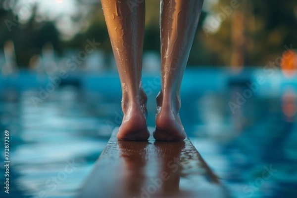 Fototapeta closeup of feet poised to jump off the end of a diving board