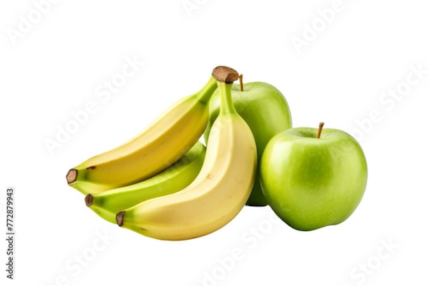 Fototapeta Three Green Apples and Three Yellow Bananas. On a White or Clear Surface PNG Transparent Background..