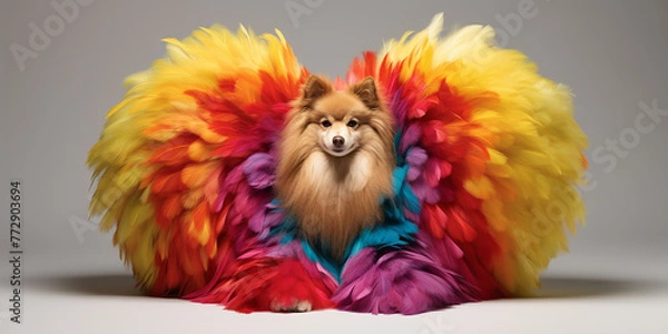 Fototapeta Showcasing a lifelike golden dog with vibrant multi colored fur comfortably seated on a spotless. Ai generated