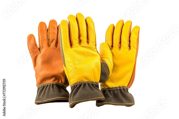 Fototapeta Yellow and Brown Gloves on White Background. On a White or Clear Surface PNG Transparent Background..