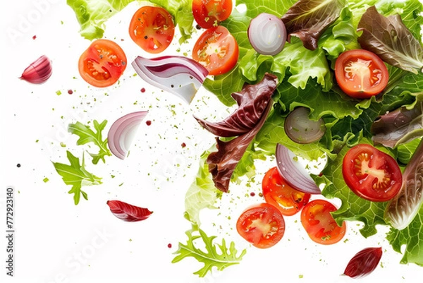 Fototapeta Tomato slices, lettuce leaves, and red onion slices scattered across a white background