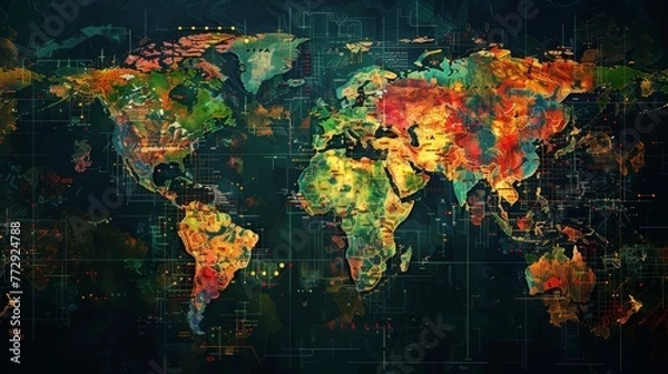 Fototapeta A colorful world map with a green and yellow border. The map is filled with different colors and patterns, giving it a vibrant and lively appearance. The map is designed to showcase the diversity