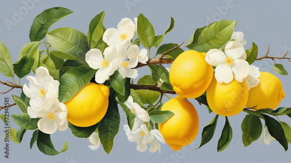Obraz Lemon branch with blossom on blue background. Citrus illustration
