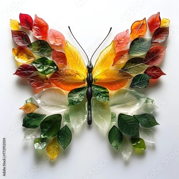 Fototapeta This art piece is a symmetrical composition featuring a glass butterfly with botanical elements and live butterflies on a soothing white backdrop.