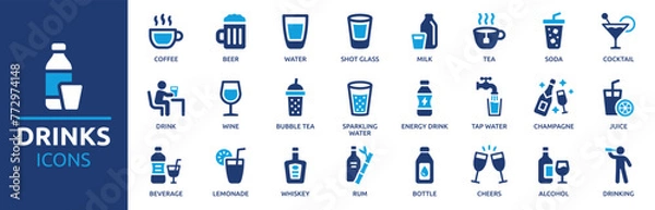 Obraz Zestaw ikon napojów. Zawierające wodę, kawę, herbatę, napoje, szkło, napoje gazowane, koktajle, butelki, wino, napoje i inne. Kolekcja ikon stałych wektorów.