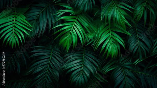 Obraz Close-up of vibrant green leaves on a dark background