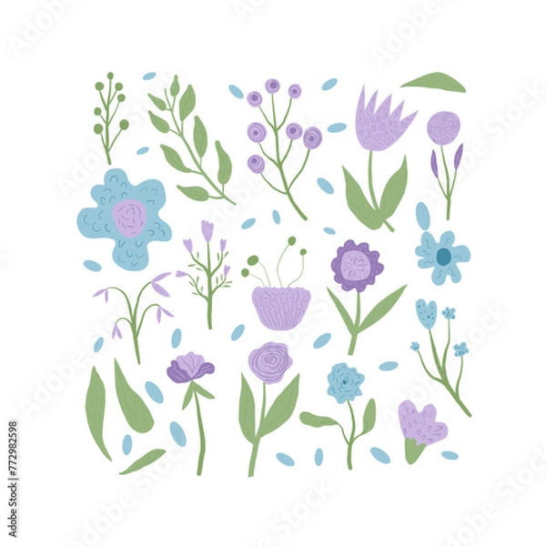 Fototapeta Hand drawn abstract flowers set. Botanical various nature spring elements. Modern abstract floral, geometric and leaves shapes. Vector illustration for summer doodle design.