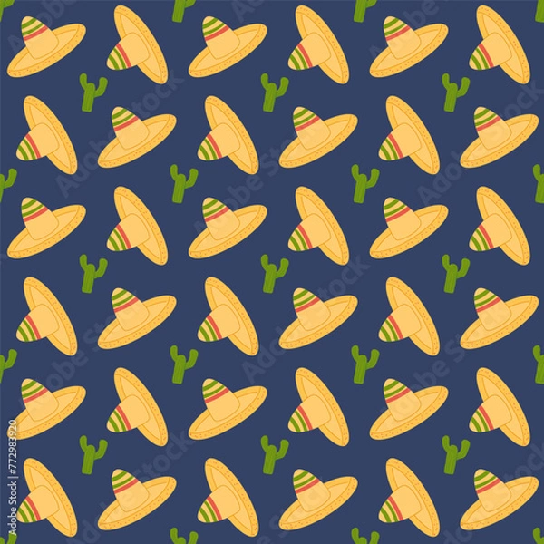 Fototapeta Mexican seamless pattern. Cactus and sombrero repeat background. Hats of mariachi musicians endless cover. loop ornament. Vector illustration.