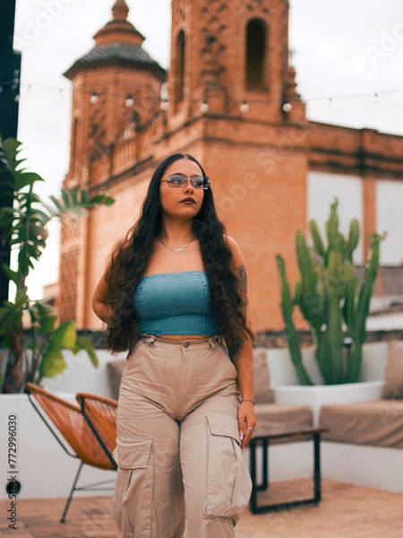 Obraz Chica morena bella en un hotel de una ciudad historica de españa