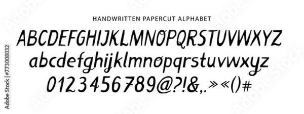 Fototapeta Vector Typeset of Uppercase, Lowercase, Numbers and Signs. Handwritten Papercut Cute Style. For Organic Branding, Packaging, Crafters.