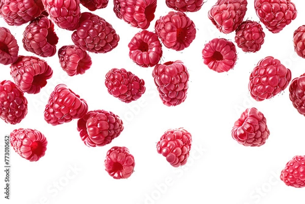 Fototapeta Falling fresh raspberries in motion, png isolated on transparent background, clipart, cutout.