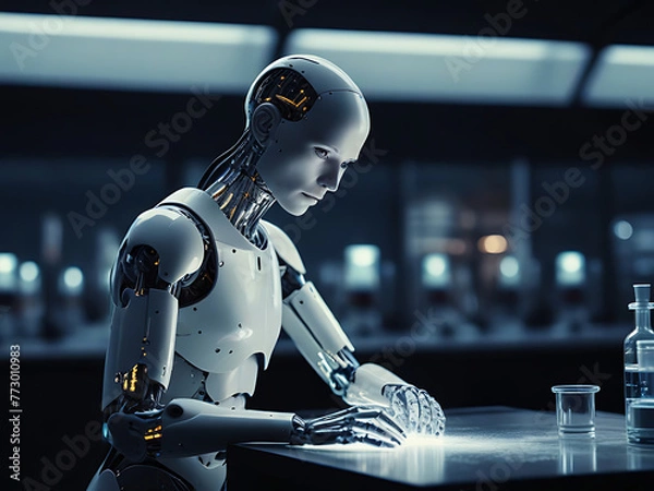 Fototapeta Modern AI Technology: A sleek robot hand holding a holographic brain, showcasing the latest advancements in artificial intelligence