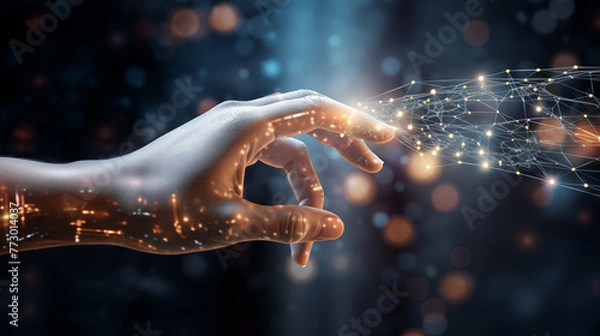 Fototapeta a hand touching a glowing wireframe