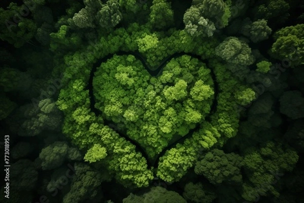 Fototapeta Heart of the forest. Aerial image of a forest canopy in the shape of a heart 