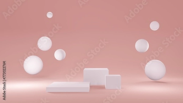 Obraz Pastel pink mockup with podium for cosmetics, creams, lotions .Pink and white round stage, pedestal or podium and water and glass bubbles or spheres. background advertisement. Background or mock up