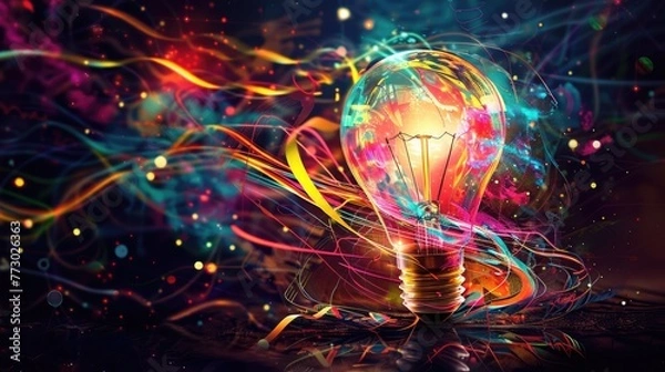 Fototapeta Colorful glowing light bulb lamp, visualization of brainstorming, bright idea and creative thinking and imagination, finding solution concept background