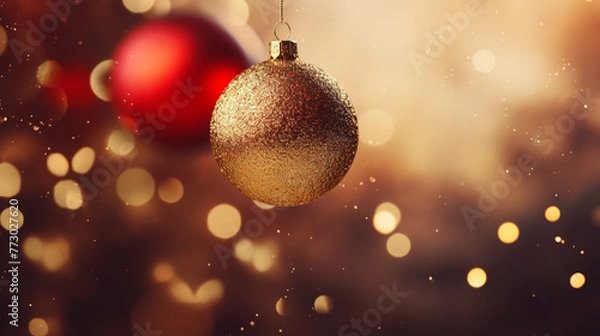 Fototapeta Merry Christmas and Happy New Year festive background. Ball hanging on spruce, fir branch, shiny bokeh. Generative AI