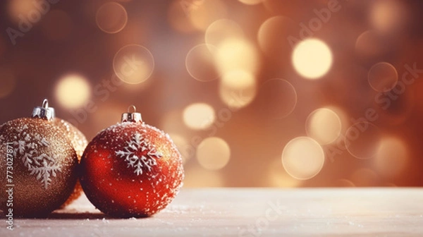 Fototapeta Merry Christmas and Happy New Year festive background. Ball hanging on spruce, fir branch, shiny bokeh. Generative AI